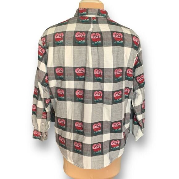 Vintage Shirt Black Oversized White Checkered Plaid Embroidered Dark Floral - Picture 4 of 12